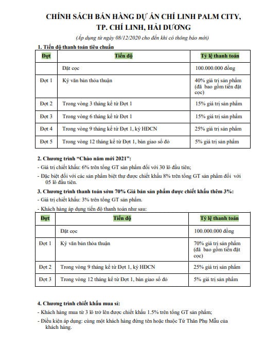 Chính sách bán hàng dự án Chí Linh Palm City