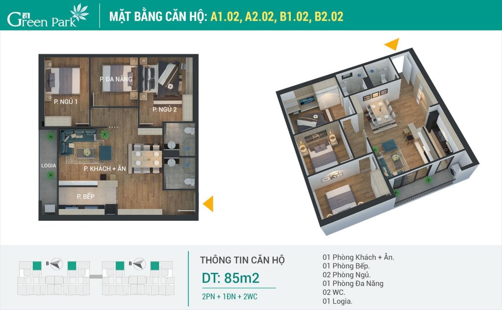 Căn hộ số 02 là căn hộ góc, thiết kế vuông bánh chưng, lô gia kéo dài từ khách ra bếp