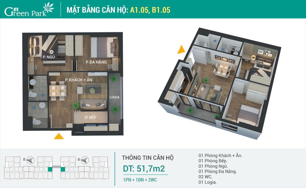 Căn số 05 tòa A1 và B1 diện tích bé nhất chỉ 51,7m2, bù lại, thiết kế cực thoáng