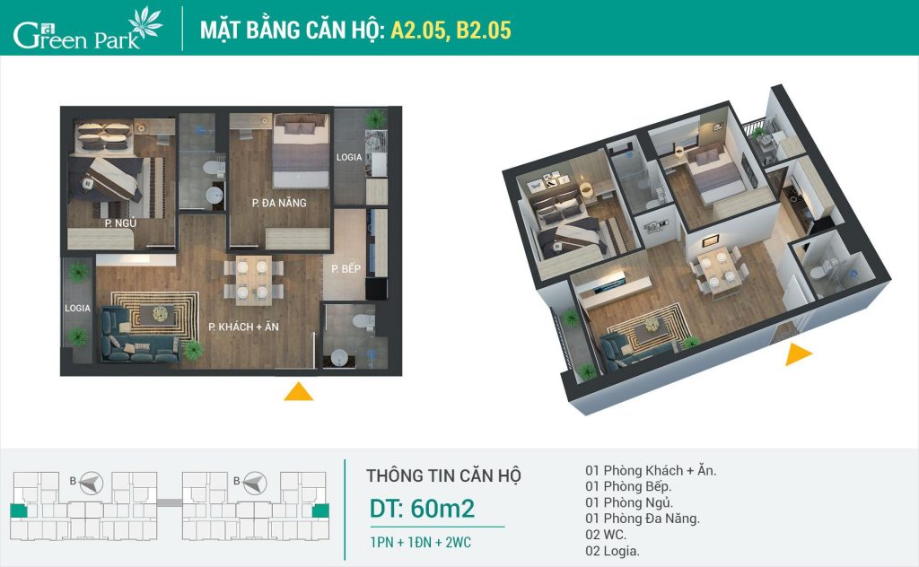 Căn số 05 tòa A2 và B2 chính là những căn 2 ngủ đẹp nhất Dự án Phương Đông Trần Thủ Độ, thiết kế 2 lô gia, tầm View 360 độ