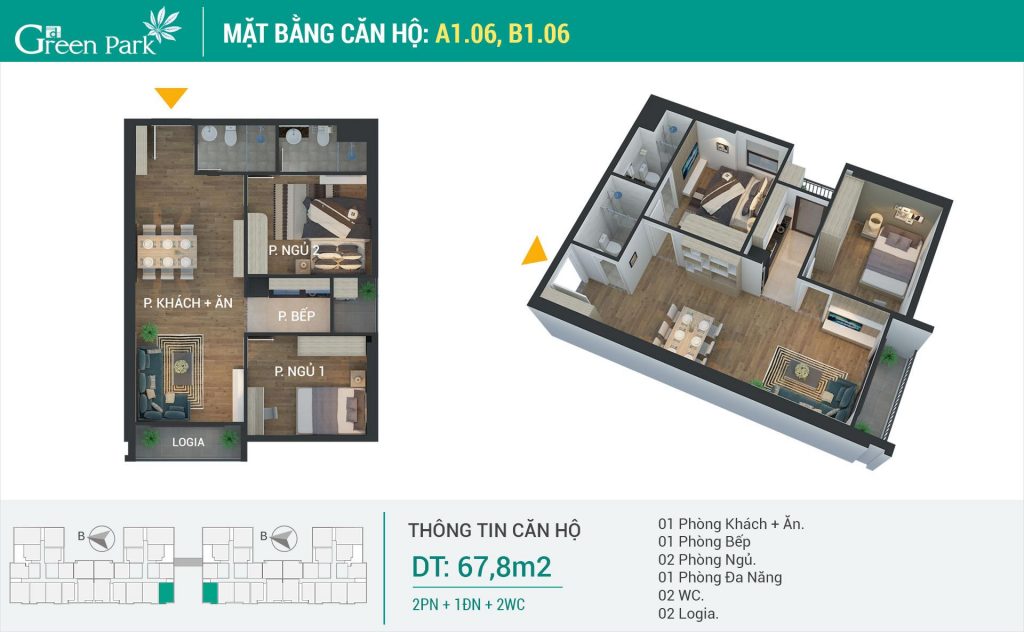 Căn số 06 tòa A1 và B1 là căn hộ 2 ngủ góc duy nhất, vị trí đẹp nhất, giá bán từ 1,66 tỷ