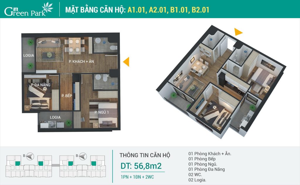 Căn hộ số 01 thiết kế đẹp, diện tích bé, bố trí 02 lô gia