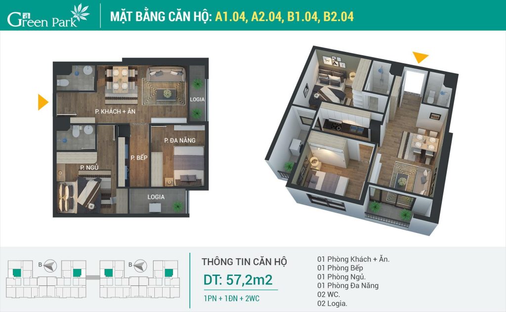 Căn hộ số 04 thiết kế đẹp, diện tích bé, bố trí 02 lô gia