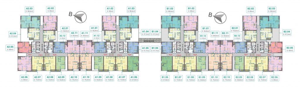 Mặt bằng 4 tòa A1, A2, B1, B2 Dự án Phương Đông Green Park